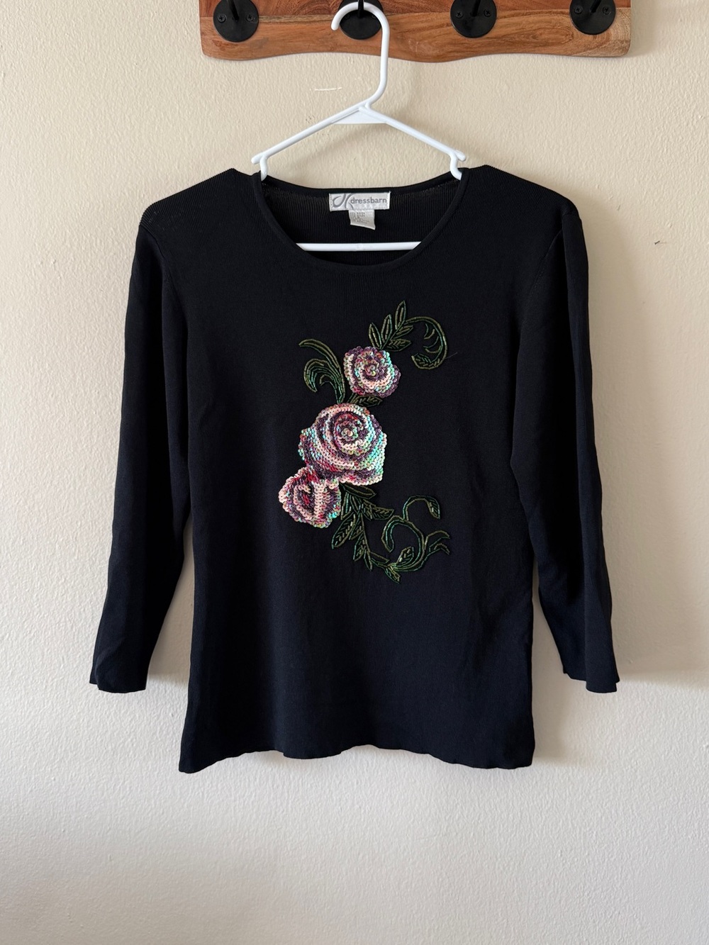 Vintage Y2K Dressbarn Black Sequined Beaded Floral Scoop Neck Knit Top Size S